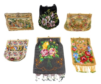 TEXTILES: Six assorted beaded and Petit Point purses, 19ht/20th C., details include: Petit Point