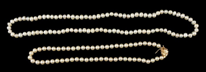 JEWELRY: Two pearl necklaces, details including: cultured pearl necklace containing fifty-seven