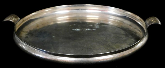 STERLING: Round serving tray with two scalloped handles, stamped "sterling" on bottom with a
