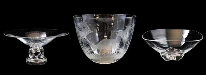 GLASS: Steuben, etc., 20th C., three pieces, including two Steuben footed bowls, one pedestal