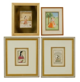 ASIAN: Four Persian framed paintings, 20th C., the first a pair on bone-type supports, one depicting