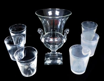GLASS: Steuben crystal vase and six tumbler glasses, seven pieces total, 20th C., vase design 7468