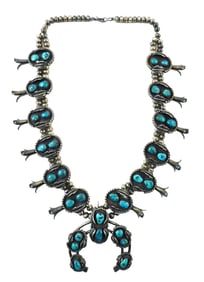 JEWELRY: Squash Blossom Necklace, silver and turquoise, no maker's marks viewed, traditional design