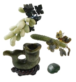 Four carved hard stone sculptures, 20th C., details include: cucumber with carved leaves, areas of