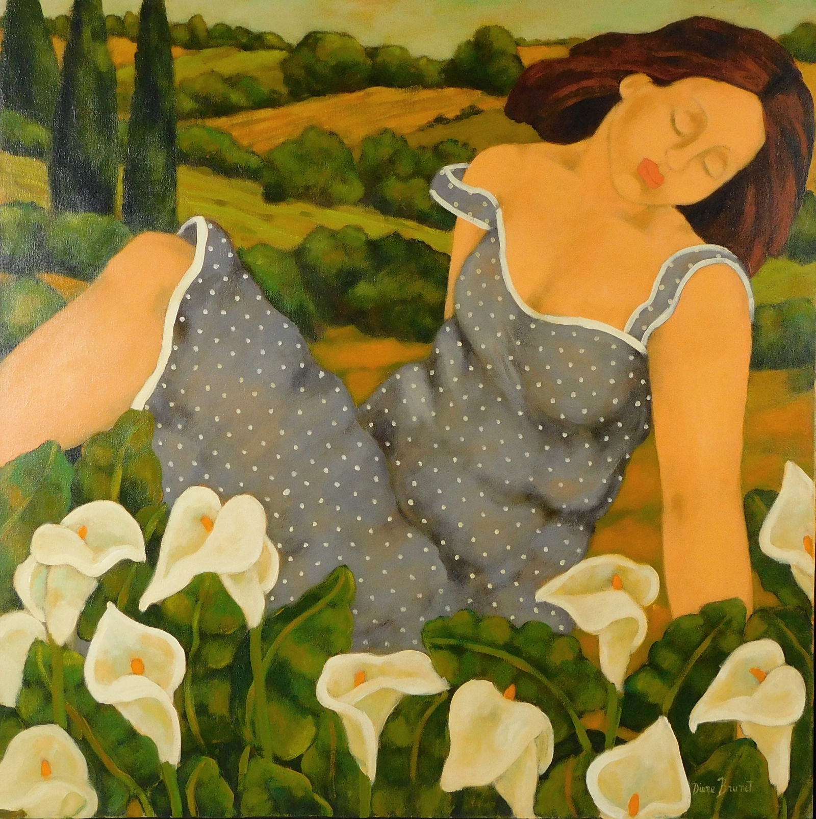 Diane Brunet (Canadian, b.1951), "In Harmony with Nature", 2001, oil on canvas, reclining female in: Diane Brunet (Canadian, b.1951), "In Harmony with Nature", 2001, oil on canvas, reclining female in landscape among white calla lilies, signed lower right as well as on reverse with title and date, ss