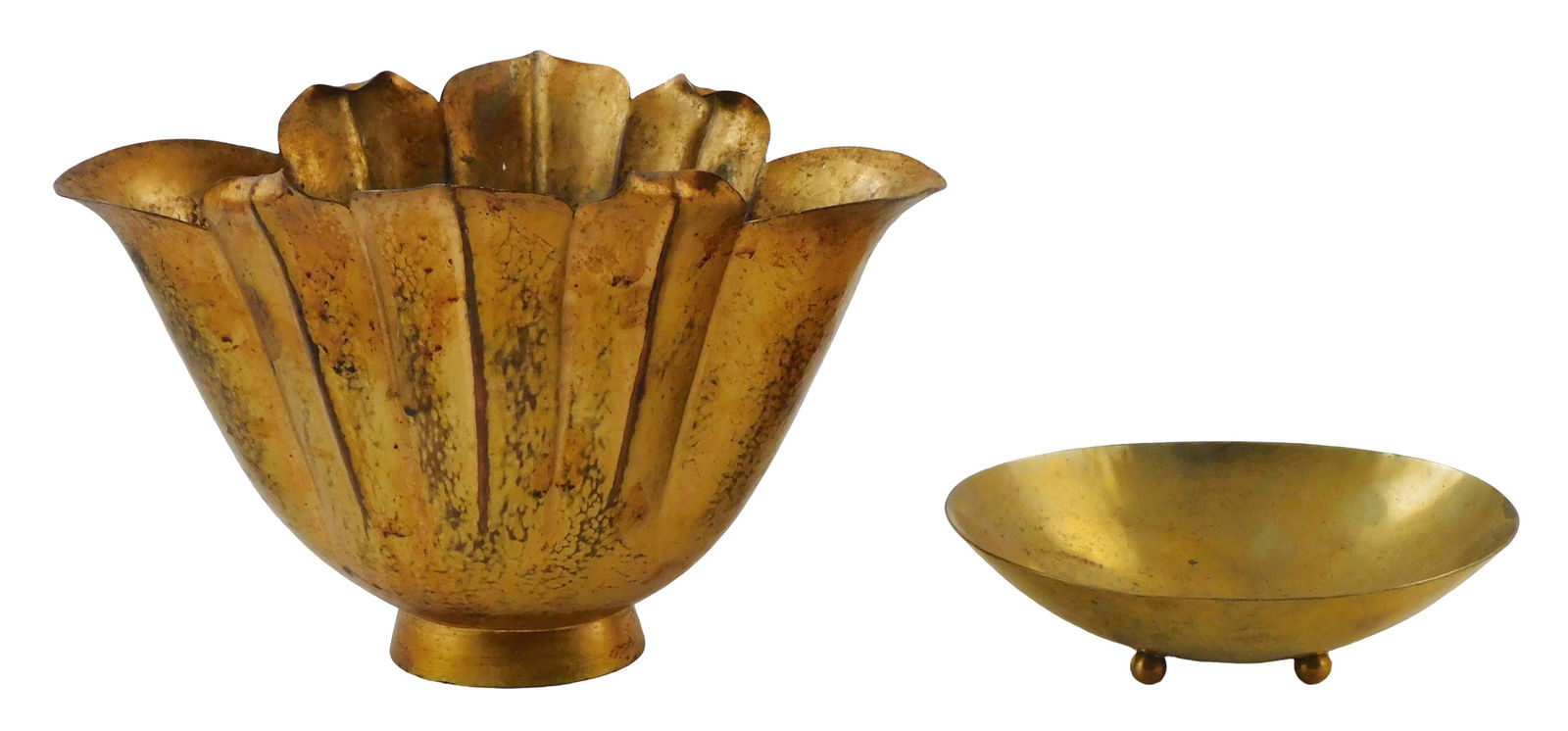 Marie Zimmermann and Sciarrotta, two pieces, early 20th C., including Marie Zimmermann (American,: Marie Zimmermann and Sciarrotta, two pieces, early 20th C., including Marie Zimmermann (American, 1879-1972), gilt washed hammered copper oblong floriform vase, stamped to bottom “Marie Zimmermann M