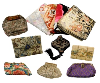 ASIAN: Four Japanese Obi and seven Asian-style purses, 19th/20th C., obi include: pastel featuring