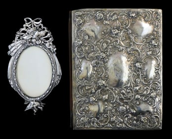 SILVER: Repousse sterling book cover and tested silver frame, sterling book cover portfolio with