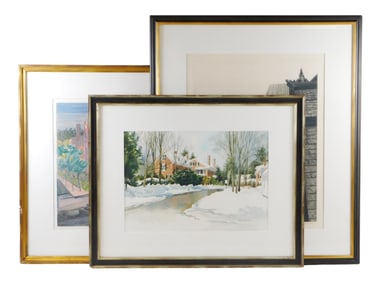 Three urban and suburban works on paper, two prints and one watercolor, details include: first, Lee
