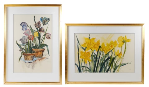Two Pat Foster (20th C.) floral watercolors, details include: "Tulips", 1985, signed bottom right,