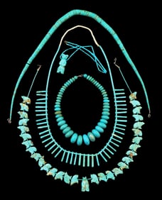 JEWELRY: Five Southwest turquoise necklaces, including one with graduated hishi beads, one with