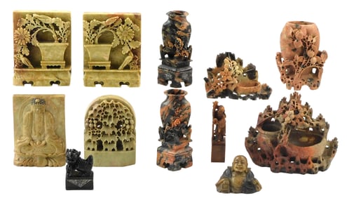 ASIAN: Chinese hardstone carvings, twelve pieces, most variegated soapstone, details include: pair