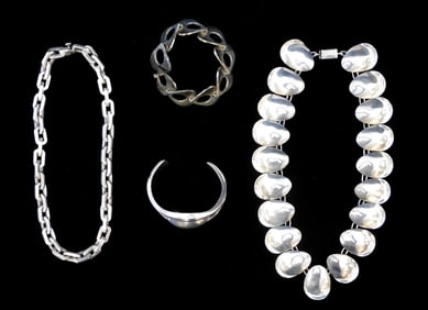 JEWELRY: Four contemporary style sterling pieces, including two linked Taxco Mexico necklaces and a