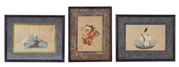ASIAN: Three Japanese woodblock reprints, 20th C., all framed, matted and float mounted on marbled