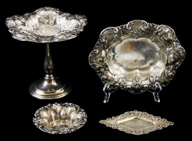STERLING: Gorham, Wallace, etc., four Art Nouveau-style sterling silver repousse holloware pieces,