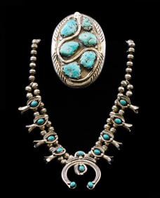 JEWELRY: Navajo Squash Blossom necklace, turquoise and silver, possibly for a child, signed by Paul