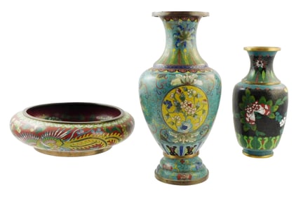 ASIAN: Chinese cloisonné vases and bowl, details include: two vases with polychrome enamel