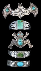 JEWELRY: Five Southwest style pieces including two pins, a frog and a bat, both sign "W.R. Karni/