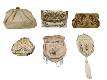 TEXTILES: Six vintage cream colored purses, many with beaded and embroidered designs, 19th/20th C.,