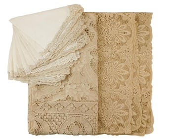 TEXTILES: Two needle lace table clothes and twelve lace trimmed table linens, includes: first,