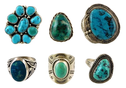 JEWELRY: Six Southwest and Native American rings, sterling and turquoise type stones, including one