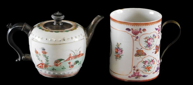 ASIAN: Two Qing Dynasty porcelain hollowware pieces, details include: Chinese famille verte silver