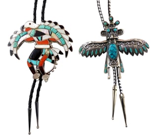 JEWELRY: Two Native American style bolos, the first a Zuni inlay eagle dancer by Vera Luna,