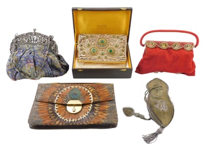 TEXTILES: Five assorted purses, 19ht/20th C., details include: feather covered bag with peacock and