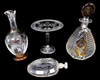 GLASS: Four cut and etched pieces, some with amber accents, including: decanter with ridged cut side