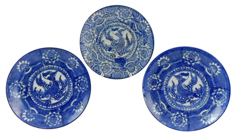 ASIAN: Three Japanese blue and white transfer dishes, late 19th/early 20th C., each decorated with a