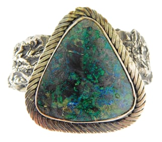 JEWELRY: Large sterling cuff by Chief Shatka Bear-Step (1898-1980) free form bangle with triangular