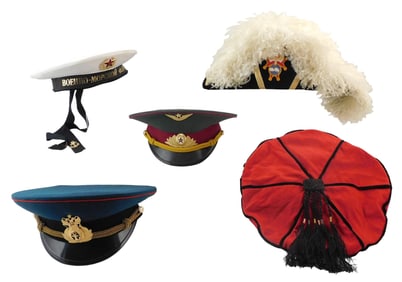 TEXTILES: Five reproduction and costume hats, most military, 20th C., details include: Castignetti
