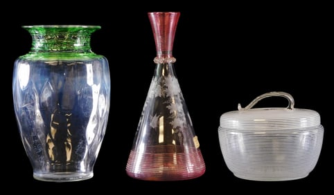 ART GLASS: Steuben, etc., three pieces of art glass with threaded designs, 20th C., including:
