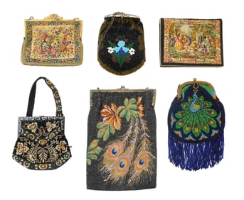 TEXTILES: Six assorted beaded and Petit Point purses, 19ht/20th C., details include: Petit Point