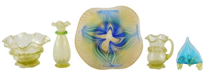 ART GLASS: Josh Simpson, vaseline, etc., five pieces of 20th C. art glass, including: Josh Simpson