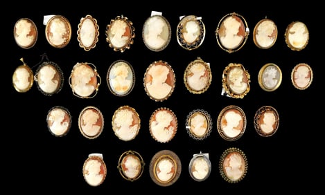 COSTUME JEWELRY: 30+ cameo pins, at least nine marked gold filled, all on gold-tone metal frames