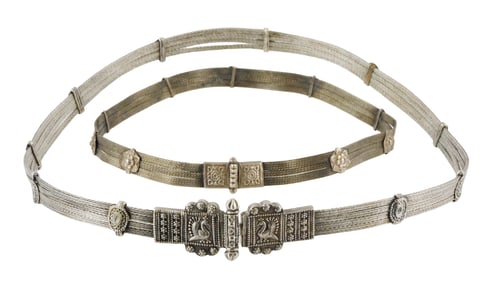 TRIBAL: Two Bedouin/Yemeni metal belts, non-silver and silver alloy composition, adult’s belt with