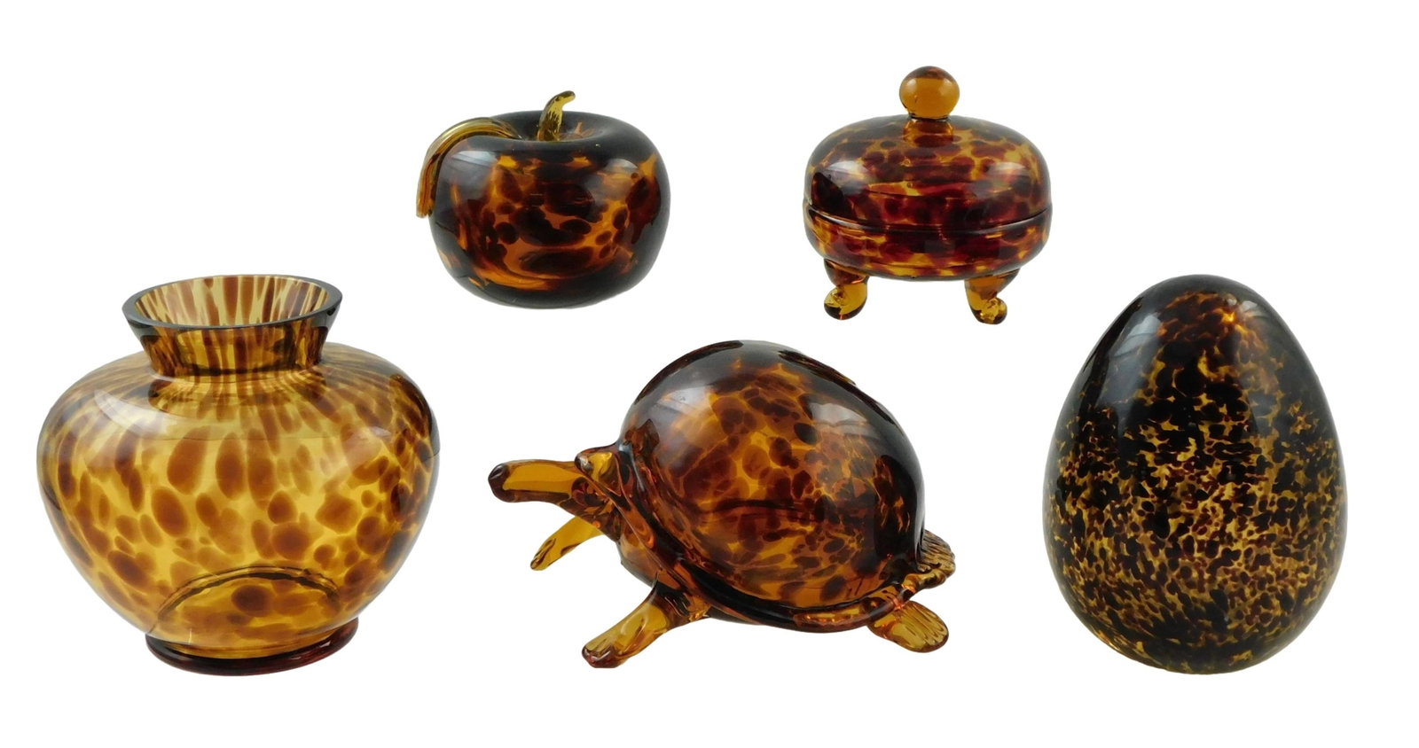 GLASS: Five pieces of tortoiseshell glass, including: footed covered dish with applied ball topper,: GLASS: Five pieces of tortoiseshell glass, including: footed covered dish with applied ball topper, 3 ½” h.; vase with bulbous body and fluted rim, 5” h.; turtle with applied head a