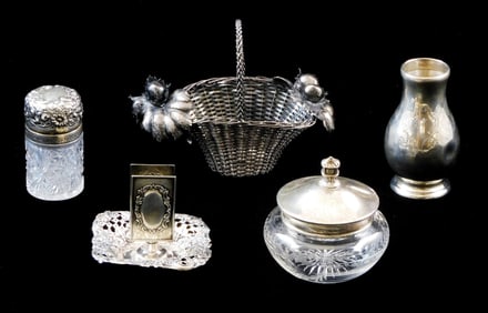 STERLING: Five pieces of sterling silver, some with cut glass elements, details include: woven