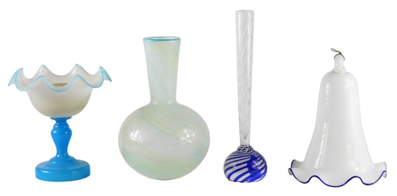 ART GLASS: Four pieces of art glass with blue accents, including: Dansk-type latticino thread teal