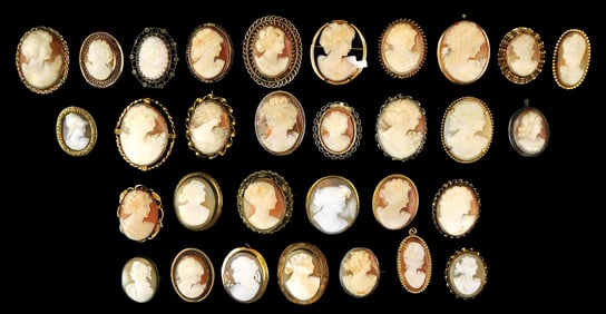 COSTUME JEWELRY: 30+ cameo pins, at least ten marked gold filled, all on gold-tone metal frames with