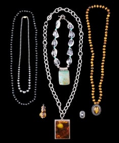 JEWELRY: Seven chunky statement necklaces with sterling elements, contemporary style, one with amber
