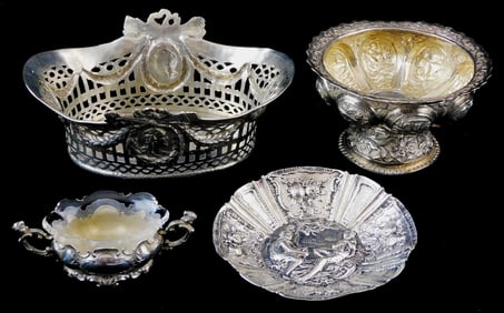 SILVER: Four pieces of tested and 800 silver holloware, including: marked 800 small salt, with