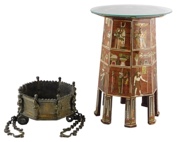 + Brass hanging planter and Egyptian-themed accent table, details include: early 20th C. brass
