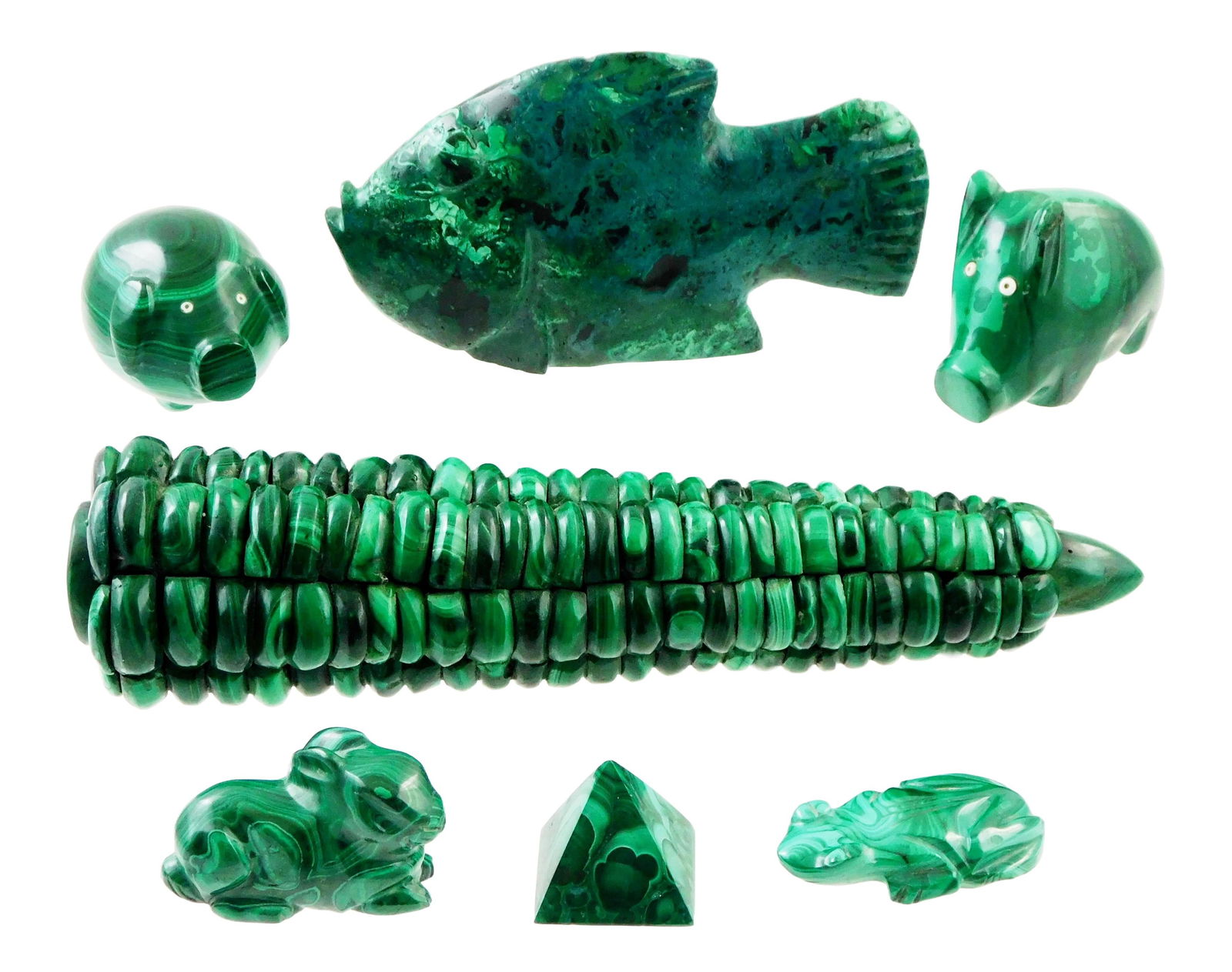 Seven carved Malachite animals and other objects, 20th C., details include: corn cob, largest at 7: Seven carved Malachite animals and other objects, 20th C., details include: corn cob, largest at 7 ¾” l.; two pigs with seed bead eyes, rabbit, frog, fish, and pyramid; no marks viewed, w