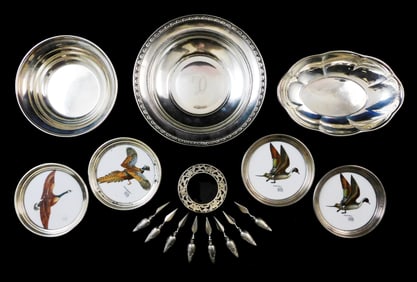 STERLING: Sixteen pieces of sterling silver servingware, some with non-silver parts, details