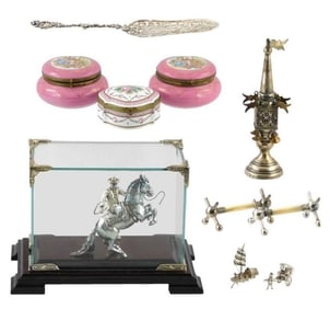 SILVER: Silver-plate, painted enamel, etc., ten pieces total, details include: three hand painted