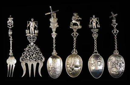 SILVER: Six decorative silver serving spoons and forks, most sterling, one 800 and one tested