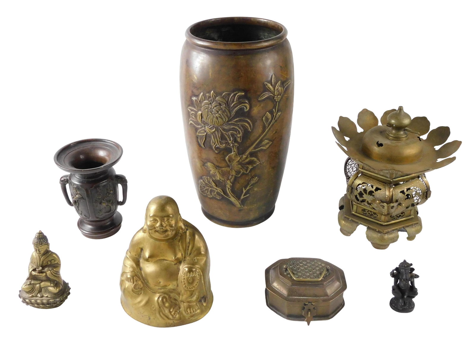 ASIAN: Brass lot of seven, details include: Japanese brass hanging temple lantern, hexagon body with: ASIAN: Brass lot of seven, details include: Japanese brass hanging temple lantern, hexagon body with hexagon patterned grate on lantern body, double doors with swinging latch, etched patterns and clou