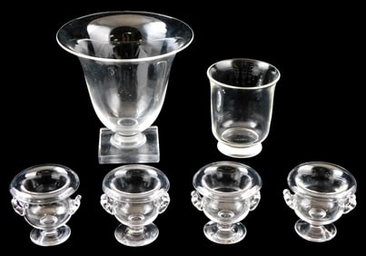 GLASS: Steuben crystal pieces, six total, including: trumpet vase on square foot, base with